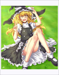 Rule 34 | 1girl, blonde hair, braid, buttons, dress, fang, female focus, grass, hair ribbon, hat, kirisame marisa, long hair, mary janes, nad avalanche, one eye closed, panties, ribbon, shiramine nadare, shoes, sitting, socks, solo, striped clothes, striped panties, touhou, underwear, upskirt, wink, witch hat, yellow eyes