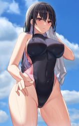 Rule 34 | 1girl, adjusting clothes, adjusting swimsuit, asato mai, backlighting, black hair, black one-piece swimsuit, blue sky, blush, breasts, cloud, competition swimsuit, contrapposto, covered collarbone, covered navel, cowboy shot, day, dripping, drying, drying hair, gluteal fold, groin, hair between eyes, hand up, highleg, highleg swimsuit, highres, hip bones, holding, holding towel, impossible clothes, impossible swimsuit, long hair, medium breasts, one-piece swimsuit, original, outdoors, parted lips, purple eyes, sideboob, sky, solo, standing, sunlight, swimsuit, towel, turtleneck, turtleneck one-piece swimsuit, wet, wet clothes, wet hair, wet swimsuit, wide hips