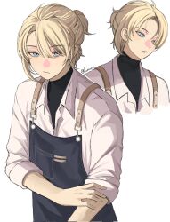Rule 34 | 1boy, alternate costume, androgynous, apron, black shirt, blonde hair, blue apron, blue eyes, closed mouth, collared shirt, freckles, freminet (genshin impact), genshin impact, grey background, half updo, highres, long sleeves, looking at viewer, luminfch, male focus, parted lips, shirt, short hair, short ponytail, simple background, teeth, turtleneck, twitter username, white shirt