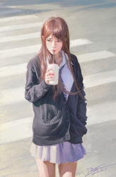 Rule 34 | 10s, 1girl, 2016, arm at side, arm up, artist name, black jacket, blouse, brown hair, buttons, coffee, collared shirt, cowboy shot, cup, dannis, dated, day, drinking, drinking straw, grey skirt, hand in pocket, highres, holding, holding cup, jacket, lips, long hair, long sleeves, looking to the side, necktie, outdoors, pleated skirt, realistic, road, shirt, signature, sitting, skirt, solo, standing, street, unbuttoned, white shirt