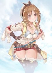 Rule 34 | 1girl, absurdres, atelier (series), atelier ryza, atelier ryza 1, b b b b66, bare shoulders, belt, blush, bow, breasts, brown eyes, brown gloves, brown hair, buckle, cleavage, closed mouth, clothing cutout, cloud, collarbone, crossed legs, detached sleeves, flask, fog, gloves, hair ornament, hairclip, hand on own hip, hands on own hips, hat, head tilt, highres, jacket, jewelry, leaning forward, leather, leather belt, leather gloves, looking at viewer, medium breasts, medium hair, mujinbensin, navel, navel cutout, necklace, open clothes, open jacket, red shorts, reisalin stout, round-bottom flask, short shorts, shorts, single glove, skindentation, sky, smile, solo, standing, star (symbol), thigh gap, thighhighs, thighs, vial, white hat, white thighhighs, yellow jacket