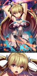 Rule 34 | &gt;:o, 1girl, :o, armpits, arms up, blonde hair, breasts, cleavage, cuffs, detached collar, female focus, galaxy dungeon, gaou (umaiyo puyoman), hair ornament, handcuffs, highres, long hair, looking at viewer, open mouth, red eyes, round teeth, sidelocks, solo, tareme, teeth, twintails, two side up, v-shaped eyebrows