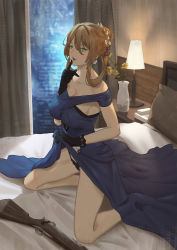 Rule 34 | 1girl, absurdres, bad id, bad twitter id, bare shoulders, bed, bed sheet, black gloves, black panties, blue dress, breasts, brown hair, cirilla lin, cleavage, clothes lift, covered erect nipples, curtains, dress, dress lift, finger to own chin, flower, girls&#039; frontline, gloves, green eyes, gun, hair flower, hair ornament, hair up, highres, indoors, kneeling, lampshade, large breasts, lifting own clothes, looking at viewer, open mouth, panties, parted lips, pillow, pink lips, rifle, skirt, skirt lift, solo, springfield (girls&#039; frontline), springfield (queen in radiance) (girls&#039; frontline), underwear, updo, weapon, window