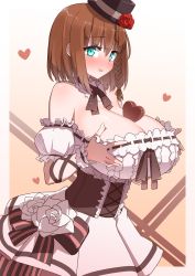 Rule 34 | 1girl, absurdres, akitokage, aqua eyes, bare shoulders, black hat, blush, braid, breast hold, breasts, candy, charlotte corday (fate), charlotte corday (midnight tension) (fate), chocolate, chocolate heart, cleavage, corset, dirndl, dress, fate/grand order, fate (series), flower, food, frills, german clothes, gradient background, hat, hat flower, heart, highres, huge breasts, looking at viewer, short hair, side braid, smile, solo, top hat, valentine, white dress