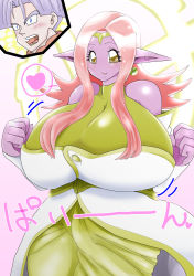 Rule 34 | 1boy, 1girl, alternate breast size, alternate form, artist request, bare shoulders, blush, bouncing breasts, breasts, chronoa, circlet, colored skin, dragon ball, dragon ball heroes, earrings, embarrassed, halo, hetero, highres, huge breasts, jewelry, long hair, looking at viewer, looking to the side, open mouth, pants, pink background, pink hair, pink skin, pointy ears, potara earrings, shiny skin, supreme kai of time, translation request, trunks xeno, yellow eyes
