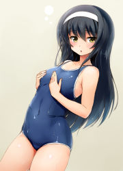 Rule 34 | 10s, 1girl, :o, bare shoulders, black hair, blush, breast conscious, breasts, collarbone, covered navel, covering privates, covering breasts, girls und panzer, hairband, hands on own chest, highres, long hair, looking at viewer, one-piece swimsuit, reizei mako, school swimsuit, shinozuka jouji, small breasts, solo, swimsuit, very long hair, wet, yellow eyes