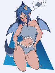 Rule 34 | 1girl, absurdres, blue hair, blush, cowboy shot, cropped legs, grey one-piece swimsuit, highres, jade (rocatart), medium hair, navel, one-piece swimsuit, original, parted lips, pointy ears, rocatart, sharkini, signature, single-shoulder one-piece swimsuit, single bare shoulder, solo, swimsuit, tail, wings