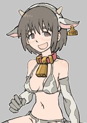 Rule 34 | 1girl, animal hair ornament, animal print, ayase fuuka, breasts, breasts apart, brown hair, collar, cow print, cowbell, elbow gloves, eyebrows hidden by hair, gloves, grey background, groin, hairband, highres, jaggy lines, looking to the side, medium breasts, muted color, navel, outline, pantsu-ripper, short hair, simple background, tareme, upper body, yotsubato!