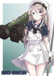 Rule 34 | 1girl, black neckerchief, blue eyes, blue sailor collar, character name, commission, dress, fgm-148 javelin, fuji (pixiv24804665), gloves, grey hair, hair between eyes, hat, highres, holding, holding polearm, holding weapon, javelin (kancolle), javelin (spear), kantai collection, long hair, looking at viewer, name connection, neckerchief, object namesake, polearm, rocket launcher, sailor collar, sailor dress, sailor hat, skeb commission, smile, solo, weapon, white dress, white gloves, white hat