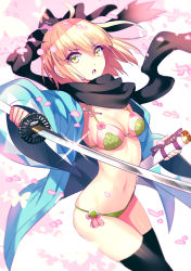 Rule 34 | &gt;:o, 1girl, :o, ahoge, black bow, black scarf, black thighhighs, blonde hair, blush, bow, breasts, cleavage, fate (series), foreshortening, glint, gradient background, hair between eyes, hair bow, happi, holding, holding sword, holding weapon, japanese clothes, katana, koha-ace, leaf print, long sleeves, looking at viewer, medium breasts, navel, nishimura eri, okita souji (fate), okita souji (koha-ace), open clothes, open mouth, petals, pink background, scarf, shinsengumi, short hair, standing, stomach, sword, thighhighs, thighs, unsheathed, v-shaped eyebrows, weapon, wide sleeves, yellow eyes