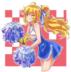 Rule 34 | 1girl, ;d, ahoge, bare shoulders, blue dress, blue ribbon, blush, breasts, cheerleader, clothes writing, cropped legs, dress, grin, hair ribbon, highres, holding, iesupa, leaning forward, long hair, looking at viewer, looking to the side, medium breasts, one eye closed, open mouth, prosthesis, prosthetic arm, ribbon, rwby, sleeveless, sleeveless dress, smile, solo, standing, teeth, thighs, two-tone background, very long hair, yang xiao long