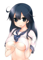 Rule 34 | 10s, 1girl, black eyes, black hair, blush, breasts, kantai collection, large breasts, long hair, looking at viewer, no bra, open mouth, personification, school uniform, serafuku, simple background, solo, sora to umi, upper body, ushio (kancolle), white background