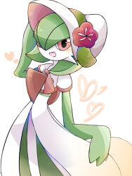 Rule 34 | 1girl, adjusting clothes, adjusting headwear, arm up, blush, bob cut, bonnet, capelet, clothed pokemon, colored skin, creatures (company), female focus, flat chest, flower, game freak, gardevoir, gardevoir (fashionable), gen 3 pokemon, green hair, green skin, hair over one eye, happy, hat, hat flower, heart, highres, looking at viewer, multicolored skin, nintendo, one eye covered, open mouth, pokemon, pokemon (creature), pokemon unite, red eyes, red flower, red trim, short hair, smile, solo, suzu (pixiv 32232702), two-tone skin, white capelet, white hat, white skin