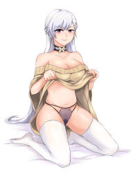 Rule 34 | 1girl, azur lane, belfast (azur lane), belfast (shopping with the head maid) (azur lane), black panties, braid, breasts, choker, cleavage, clothes lift, earrings, female pubic hair, french braid, gold earrings, highres, jewelry, kneeling, lace, lace panties, large breasts, long hair, looking at viewer, nail polish, navel, os (kazos), panties, pubic hair, purple eyes, red nails, silver hair, skirt, skirt lift, smile, solo, sweater, thighhighs, underwear, very long hair, white background, white thighhighs