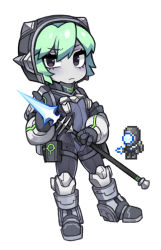 Rule 34 | 1girl, alien, aqua hair, black eyes, black footwear, black gloves, boots, breasts, colored skin, creature and personification, energy weapon, full body, gigazapper, gloves, grey skin, holding, holding polearm, holding weapon, knee boots, no nose, nyong nyong, personification, polearm, reference inset, short hair, simple background, small breasts, solo, spear, standing, terraria, weapon, white background