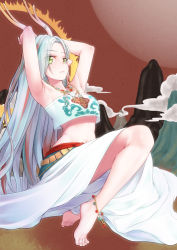 Rule 34 | a deer of nine colors, anklet, antlers, arknights, armpits, arms up, bare legs, barefoot, blue hair, blush, closed mouth, colored skin, commentary request, crop top, forehead, full body, green eyes, highres, horns, jewelry, long hair, long skirt, looking at viewer, midriff, multicolored hair, navel, necklace, nine-colored deer, pointy ears, red hair, red skin, silver hair, sitting, skirt, solo, streaked hair, toes, two-tone hair, very long hair, white skirt, yamauchi (conan-comy)