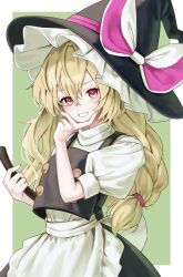 Rule 34 | 1girl, absurdres, apron, black vest, blonde hair, bow, braid, grey background, grin, hair between eyes, hand on own face, hat, hat bow, highres, holding, kirisame marisa, long hair, looking at viewer, pink eyes, puffy short sleeves, puffy sleeves, short sleeves, simple background, smile, solo, teeth, torinari (dtvisu), touhou, turtleneck, unfinished dream of all living ghost, very long hair, vest, waist apron, witch hat