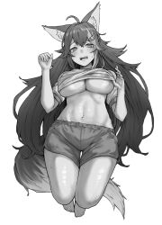 Rule 34 | 1girl, @ @, ahoge, alternate costume, animal ear fluff, animal ears, blush, breasts, clothes lift, d:, greyscale, hair ornament, highres, hololive, inamimi (sheep1733), large breasts, lifted by self, long hair, looking at viewer, monochrome, navel, ookami mio, open mouth, shirt, shirt lift, shorts, solo, sweat, tail, underboob, very long hair, virtual youtuber, white background, white shirt, wolf girl, wolf tail