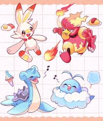 Rule 34 | bacon, beak, black eyes, breath weapon, breathing fire, closed eyes, cotton candy, creatures (company), fire, followers favorite challenge, food, fried egg, full body, game freak, gen 1 pokemon, gen 3 pokemon, gen 8 pokemon, grid background, ice cream, ice cream cone, lapras, magmar, mochopaccho, multiple drawing challenge, musical note, nintendo, omelet, omurice, open mouth, orange eyes, pokemon, pokemon (creature), running, scorbunny, smile, swablu, teeth, upper teeth only, v-shaped eyebrows