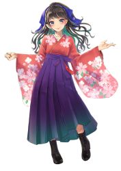 Rule 34 | 1girl, black footwear, black hair, blue bow, blue eyes, blush, boots, bow, braid, closed mouth, cross-laced footwear, earrings, floral print, full body, funyariko, green hair, green nails, hair bow, hakama, hakama skirt, highres, japanese clothes, jewelry, kimono, lace-up boots, long hair, long sleeves, multicolored hair, nail polish, original, ponytail, print kimono, purple hakama, red kimono, simple background, skirt, smile, solo, standing, standing on one leg, two-tone hair, white background, wide sleeves