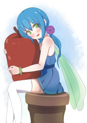 Rule 34 | 1girl, absurdres, apple, bad id, bad pixiv id, bare arms, bare shoulders, blue dress, blue hair, blush, bracelet, dress, flower, food, fruit, green eyes, green wings, hair between eyes, hair flower, hair ornament, head tilt, highres, jewelry, long hair, looking at viewer, looking to the side, low twintails, mini person, minigirl, hugging object, original, parted lips, pleated dress, purple flower, red apple, sidelocks, sitting, solo, strapless, strapless dress, surio, teeth, thighhighs, twintails, upper teeth only, white background, white thighhighs, wings