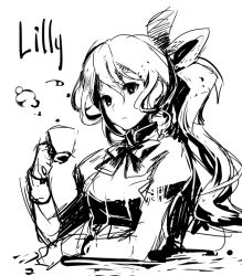 Rule 34 | 10s, blind, bow, character name, cup, greyscale, hair bow, katawa shoujo, long hair, monochrome, ponytail, ribbon, satou lilly, serious, solo, teacup, weee (raemz)