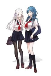 2girls alternate_costume bag black_legwear black_skirt blue_eyes blue_hair byleth_(female)_(fire_emblem) byleth_(fire_emblem) closed_mouth clovisxvii crepe edelgard_von_hresvelg fire_emblem fire_emblem:_three_houses food hair_ribbon handbag highres long_hair multiple_girls nintendo pantyhose purple_eyes ribbon shoes short_sleeves simple_background skirt socks white_background white_hair