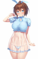 Rule 34 | 1girl, animal ears, ass, blue panties, blue shirt, blush, breasts, brown hair, cameltoe, covered erect nipples, crop top, fake animal ears, highres, kazuma (kazumav), large breasts, looking at viewer, micro panties, navel, original, panties, rabbit ears, scrunchie, see-through, shirt, simple background, smile, solo, stomach, underwear, white background, wrist scrunchie