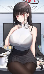 Rule 34 | 1girl, absurdres, arm at side, bare shoulders, black bra, black hair, black halo, black pantyhose, black skirt, blue archive, blunt bangs, bra, bra visible through clothes, breasts, bright pupils, commentary, desk, hair ornament, hairclip, halo, hand on own chest, hand up, highres, indoors, large breasts, long hair, looking at viewer, on desk, open mouth, outstretched hand, pantyhose, red eyes, red halo, rio (blue archive), see-through, sitting, on desk, skirt, solo, soo ou, sweater, turtleneck, turtleneck sweater, underwear, very long hair, white pupils, white sweater