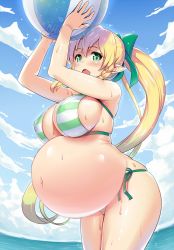 Rule 34 | 1girl, arms up, ball, beachball, big belly, bikini, blonde hair, blue sky, blush, bow, braid, breasts, cleavage, cloud, cloudy sky, covered erect nipples, cowboy shot, day, fairy, fisheye, from side, green bikini, green eyes, hair bow, highres, kawase seiki, large breasts, leafa, leaning forward, long ears, long hair, looking at viewer, navel, open mouth, outdoors, pointy ears, ponytail, pregnant, side-tie bikini bottom, sideboob, sky, solo, striped bikini, striped clothes, swimsuit, sword art online, third-party edit, twin braids, very long hair, wet