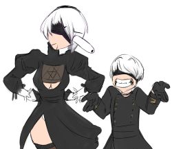 Rule 34 | 1boy, 1girl, black blindfold, blindfold, breasts, bulging eyes, cleavage, cleavage cutout, clothing cutout, elbow gloves, eye pop, gloves, hands on own hips, juliet sleeves, long sleeves, looking at another, nier:automata, nier (series), puffy sleeves, short hair, shrugging, smile, spicy bardo, thighs, white background, white hair, 2b (nier:automata), 9s (nier:automata)