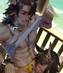 Rule 34 | 2boys, abs, animal ears, arknights, bara, beach, blush, brown eyes, chiizu namasu, clothes lift, clothing aside, courier (arknights), cow boy, cow ears, cow horns, feet out of frame, fellatio, from above, highres, horns, leopard ears, licking, licking penis, lifeguard, lifting own clothes, male focus, male swimwear, matterhorn (arknights), matterhorn (beach guard) (arknights), medium hair, multiple boys, navel, navel hair, nipple piercing, nipples, official alternate costume, oral, out-of-frame censoring, outdoors, paid reward available, penis, piercing, sample watermark, sand, shirt lift, stomach, swim briefs, swimsuit, swimsuit aside, toned, toned male, underpec, watermark, whistle, whistle around neck, yaoi, yellow male swimwear