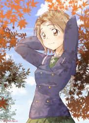 Rule 34 | 10s, 1girl, arms behind head, arms up, autumn leaves, blue coat, brown eyes, brown hair, closed mouth, cloud, cloudy sky, coat, commentary, dappled sunlight, day, girls und panzer, green skirt, leaf, light smile, long sleeves, looking to the side, maple leaf, nakasawa kei, ooarai school uniform, outdoors, parted bangs, pleated skirt, sailor collar, sawa azusa, school uniform, short hair, skirt, sky, solo, standing, sunlight, twitter username, upper body, winter uniform