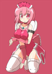 Rule 34 | 1girl, :o, blush, breast hold, breasts, caseal, choker, elenor camuel, fingerless gloves, gloves, headdress, kneeling, leotard, looking at viewer, maid headdress, naitou kouse, phantasy star, phantasy star online, pink background, pink eyes, pink hair, pink theme, racaseal, short hair, simple background, solo, thighhighs, white thighhighs