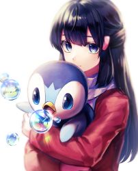 Rule 34 | 1girl, akihorisu, black hair, blue eyes, bubble, closed mouth, coat, commentary request, creatures (company), dawn (pokemon), eyelashes, game freak, gen 4 pokemon, hair ornament, hairclip, holding, holding pokemon, long hair, long sleeves, looking at viewer, nintendo, piplup, pokemon, pokemon (creature), pokemon dppt, pokemon platinum, red coat, scarf, simple background, smile, white background
