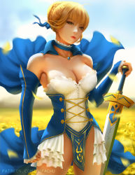 Rule 34 | 1girl, adapted costume, ahoge, armor, armored dress, artoria pendragon (all), artoria pendragon (fate), bare shoulders, blonde hair, blue gemstone, blue ribbon, blue sky, braid, braided bun, breasts, cape, choker, cleavage, cloud, corset, cowboy shot, crown braid, day, detached sleeves, dress, excalibur (fate/stay night), fate/stay night, fate (series), field, flower, flower field, frilled dress, frilled sleeves, frills, gem, green eyes, hair bun, hair ribbon, jewelry, large breasts, long hair, looking at viewer, necklace, open clothes, open dress, outdoors, parted lips, pelvic curtain, realistic, red lips, ribbon, saber (fate), saber (weapon), sidelocks, sky, solo, standing, sword, weapon, wind, wind lift, yupachu