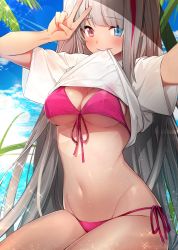 Rule 34 | 1girl, absurdres, bad id, bad twitter id, bikini, blue eyes, blush, breasts, clothes in mouth, clothes lift, cloud, commentary request, day, fpanda, front-tie bikini top, front-tie top, girls&#039; frontline, grey hair, heterochromia, highres, lifting own clothes, long hair, looking at viewer, mdr (girls&#039; frontline), medium breasts, mouth hold, multicolored hair, navel, outdoors, palm leaf, pink bikini, pink eyes, pink hair, reaching, reaching towards viewer, selfie, shirt, shirt in mouth, shirt lift, short sleeves, side-tie bikini bottom, side-tie bottom, sidelocks, sky, smile, solo, sparkle, streaked hair, swimsuit, underboob, v, very long hair, water, white shirt