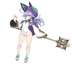 Rule 34 | 1girl, ahoge, bare legs, blush, breasts, closed mouth, commentary request, covered navel, detached sleeves, dress, full body, green eyes, hair between eyes, hair flaps, hat, holding, holding staff, legs, long hair, long sleeves, nada haruka, original, ponytail, purple hair, shoes, side slit, sidelocks, simple background, small breasts, solo, staff, standing, white background, white dress, wide sleeves