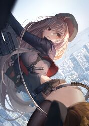 Rule 34 | 1girl, assault rifle, bandolier, belt, belt pouch, beret, black belt, black thighhighs, blurry, breasts, brown hair, city, cityscape, closed mouth, depth of field, flashlight, ggoc ill, goddess of victory: nikke, gun, hat, highres, holding, holding gun, holding weapon, large breasts, long sleeves, military, military uniform, necktie, outdoors, pouch, rapi (nikke), red eyes, red necktie, rifle, solo, thighhighs, thighs, two-sided gloves, uniform, v-shaped eyebrows, weapon