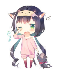 Rule 34 | 1girl, animal ear fluff, animal ears, black hair, blush, bow, cat ears, cat girl, cat tail, commentary request, fang, full body, green eyes, hair bow, hand up, holding, holding stuffed toy, karyl (princess connect!), long hair, long sleeves, low twintails, mask, mask on head, multicolored hair, no shoes, off shoulder, one eye closed, open mouth, pink shirt, pink shorts, princess connect!, red bow, red thighhighs, rubbing eyes, shirt, short shorts, shorts, simple background, sleep mask, sleepy, solo, standing, streaked hair, stuffed animal, stuffed cat, stuffed toy, tail, thighhighs, translation request, twintails, very long hair, waking up, wavy mouth, white background, white hair, yuizaki kazuya
