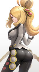 Rule 34 | 1girl, absurdres, ass, black gloves, black pants, blonde hair, border, breasts, cosplay, creatures (company), cynthia (pokemon), game freak, gen 7 pokemon, gloves, gonzarez, grey eyes, grey jacket, hair ornament, hair over one eye, hand on own hip, highres, holding, holding poke ball, jacket, kommo-o, kommo-o (cosplay), long hair, long sleeves, nintendo, official alternate costume, official alternate hairstyle, pants, poke ball, pokemon, pokemon masters ex, shiny clothes, shiny skin, simple background, solo, tight clothes, tight pants, twisted torso, white background