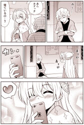 Rule 34 | 1boy, 1girl, amasawa natsuhisa, anastasia (fate), cellphone, closed eyes, comic, fate/grand order, fate (series), greyscale, heart, highres, holding, holding phone, kadoc zemlupus, long hair, monochrome, phone, sitting, sleeping, smartphone, speech bubble, spoken heart, taking picture, translation request