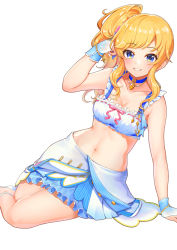 Rule 34 | 1girl, alternate costume, arm support, bare arms, bare shoulders, bikini, bikini skirt, blonde hair, blue eyes, breasts, choker, cleavage, collarbone, commentary request, frilled bikini, frills, grin, hair ornament, hand in own hair, hand up, harapeco, highres, idolmaster, idolmaster cinderella girls, idolmaster cinderella girls starlight stage, jewelry, looking at viewer, medium breasts, navel, necklace, ohtsuki yui, side ponytail, sidelocks, simple background, sitting, smile, solo, stomach, swept bangs, swimsuit, teeth, white background, wrist cuffs, yokozuwari
