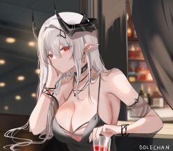 Rule 34 | 1girl, absurdres, arknights, artist name, bare shoulders, black choker, blush, breasts, choker, cleavage, dolechan, drink, earrings, grey hair, highres, horns, jewelry, large breasts, long hair, looking at viewer, mudrock (arknights), mudrock (obsidian) (arknights), necklace, official alternate costume, pointy ears, red eyes, see-through, solo, upper body