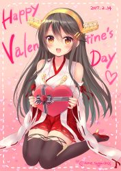 Rule 34 | 10s, 1girl, 2017, :d, bare shoulders, black thighhighs, box, breasts, brown hair, collarbone, dated, detached sleeves, flower, full body, gift, gift box, gradient background, hair between eyes, hair ornament, hairclip, haruna (kancolle), headgear, heart, heart-shaped box, holding, holding gift, japanese clothes, kantai collection, kimono, knees together feet apart, long hair, long sleeves, looking at viewer, mamekosora, medium breasts, open mouth, red eyes, red flower, red footwear, red rose, red skirt, ribbon, ribbon-trimmed skirt, ribbon-trimmed sleeves, ribbon trim, rose, shoes, sitting, skirt, sleeveless, sleeveless kimono, smile, solo, straight hair, tareme, thighhighs, twitter username, valentine, very long hair, wariza, white kimono, white ribbon, wide sleeves, zettai ryouiki