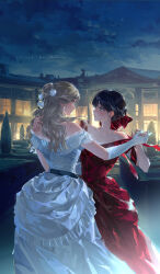Rule 34 | 2girls, black hair, blonde hair, bow, couple, dancing, dress, earrings, evening gown, flower, gloves, gown, hair bun, hair flower, hair ornament, half updo, highres, jewelry, looking at another, multiple girls, original, outdoors, profile, red bow, red dress, red ribbon, ribbon, rrr (reason), single hair bun, white dress, white flower, white gloves, yuri