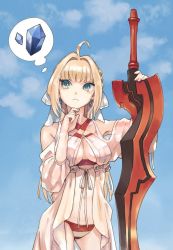 Rule 34 | 1girl, aestus estus, ahoge, bare shoulders, bikini, bikini under clothes, blonde hair, blue sky, bow, braid, breasts, cleavage, closed mouth, cloud, cloudy sky, commentary request, criss-cross halter, crystal, day, drawstring, dress, earrings, fate/grand order, fate (series), fingernails, gem, green eyes, hair bow, hair down, hair intakes, halterneck, holding, holding sword, holding weapon, jewelry, legs apart, long hair, long sleeves, looking away, medium breasts, navel, nero claudius (fate), nero claudius (fate) (all), nero claudius (swimsuit caster) (fate), nero claudius (swimsuit caster) (third ascension) (fate), outdoors, planted, planted sword, planted weapon, red bikini, see-through, simple background, sky, standing, striped bikini, striped clothes, swimsuit, sword, thought bubble, urayamashiro (artist), weapon, white bow, white dress