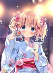 Rule 34 | 1girl, ahoge, bag, bagged fish, blue eyes, blue kimono, blurry, blush, bokeh, commentary request, cover, depth of field, fish, floral print, flower, goldfish, hair flower, hair ornament, hair ribbon, hands up, holding, japanese clothes, kimono, long sleeves, looking at viewer, magazine cover, obi, original, pan (mimi), poi (goldfish scoop), red ribbon, ribbon, sash, smile, solo, sparkle, textless version, twintails, upper body, wide sleeves
