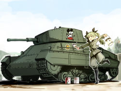 Rule 34 | 10s, 1girl, anchovy (girls und panzer), belt, black footwear, black shirt, blouse, blush, boots, cameo, can, caterpillar tracks, decals, emblem, girls und panzer, grey jacket, grey pants, hair ribbon, jacket, knee boots, leg up, long sleeves, military, military uniform, military vehicle, motor vehicle, outstretched arms, p-40, paint can, paintbrush, pants, pants tucked in, ribbon, shirt, smile, solo, spread arms, standing, tank, twinpoo, twintails, uniform, vehicle