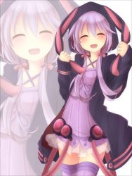 Rule 34 | :d, ^ ^, blush, bow, closed eyes, clothes grab, collarbone, cowboy shot, criss-cross halter, eyebrows, hair between eyes, hair bow, halterneck, hood, hoodie, komomo (ptkrx), long hair, long sleeves, low twintails, open clothes, open hoodie, open mouth, purple ribbon, purple thighhighs, red bow, ribbed sweater, ribbon, simple background, sleeves past wrists, smile, solo, standing, sweater, thighhighs, twintails, vocaloid, voiceroid, white background, yuzuki yukari, zettai ryouiki, zoom layer